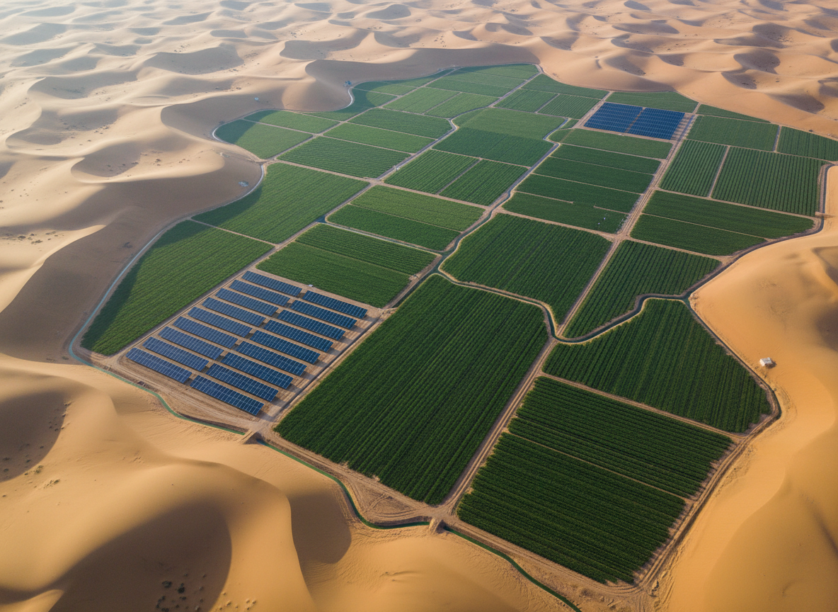 A detailed aerial view of a patchwork of organic agricultural fields in a GCC desert-edge landscape, showing deep green rows of crops, shaded irrigation channels, and clusters of solar panels aligned in geometric patterns. Surrounding sand dunes form smooth, warm-toned curves, contrasting with the sharp lines of cultivated land. Early morning light casts long, soft shadows that accentuate the textures of both soil and desert. The composition uses a bird’s-eye perspective with strong leading lines drawing the eye from the lower frame into the distance. The mood is optimistic and strategic, highlighting sustainable local investment transforming arid land into productive, environmentally responsible agriculture, captured with crisp photographic realism and a clean, documentary-like aesthetic.